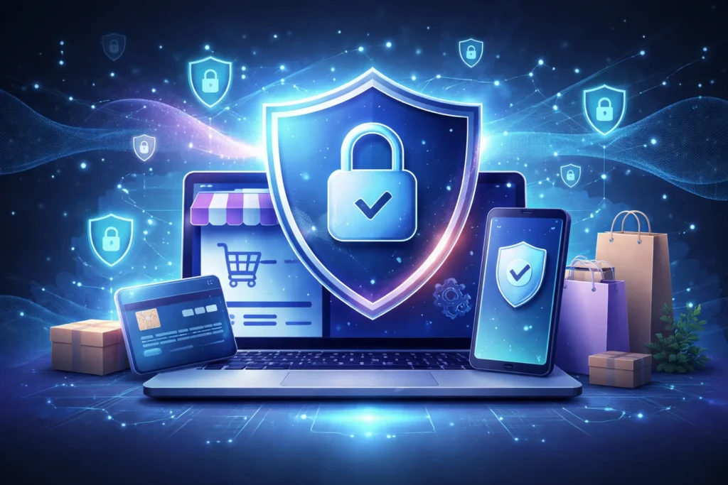 Representación visual de seguridad WooCommerce PCI-DSS con elementos de protección digital y candados