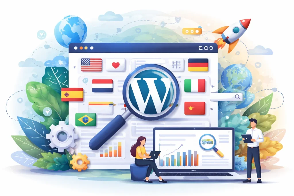 Globos terráqueos y símbolos de conexión representando estrategias WordPress multiidioma SEO para mercados globales