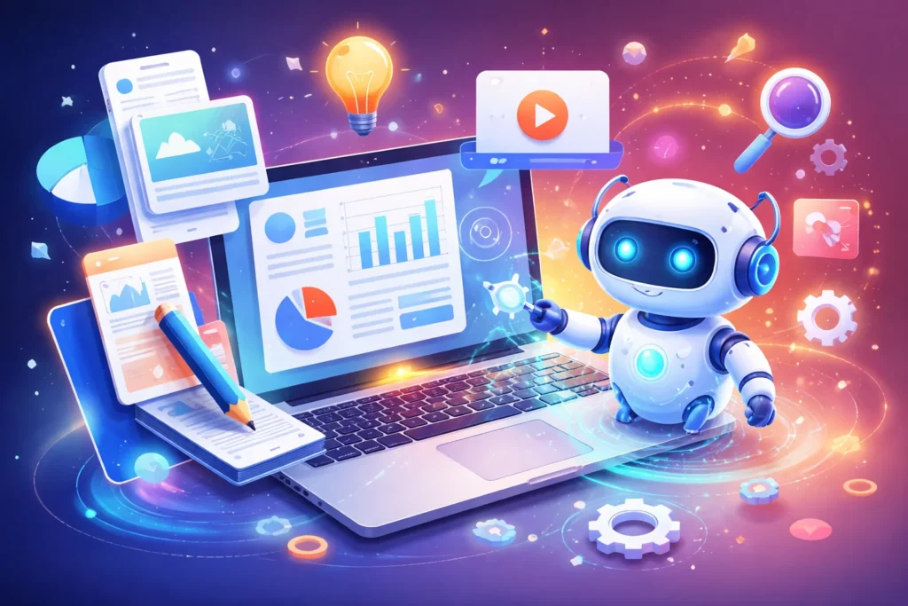 Persona trabajando en computadora con interfaz de automatización de marketing de contenidos e inteligencia artificial para W