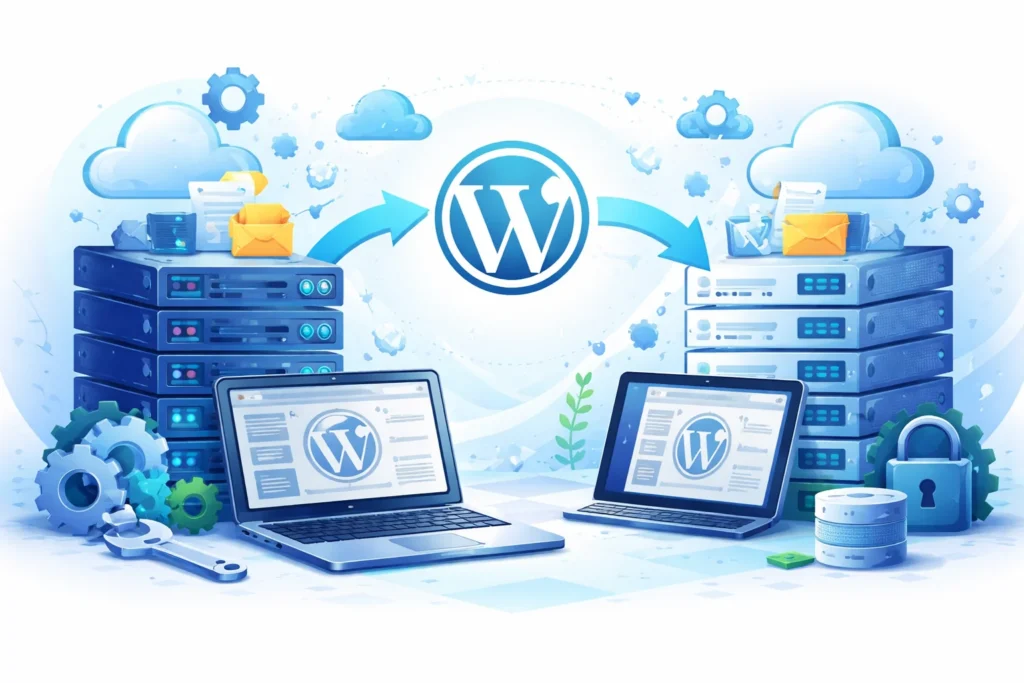 Ilustración visual de servidores interconectados representando proceso de migración WordPress servidores con flujo de datos