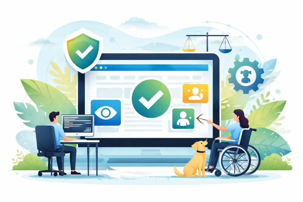 Representación visual de accesibilidad digital con elementos que simbolizan inclusión, cumplimiento legal y estándares web