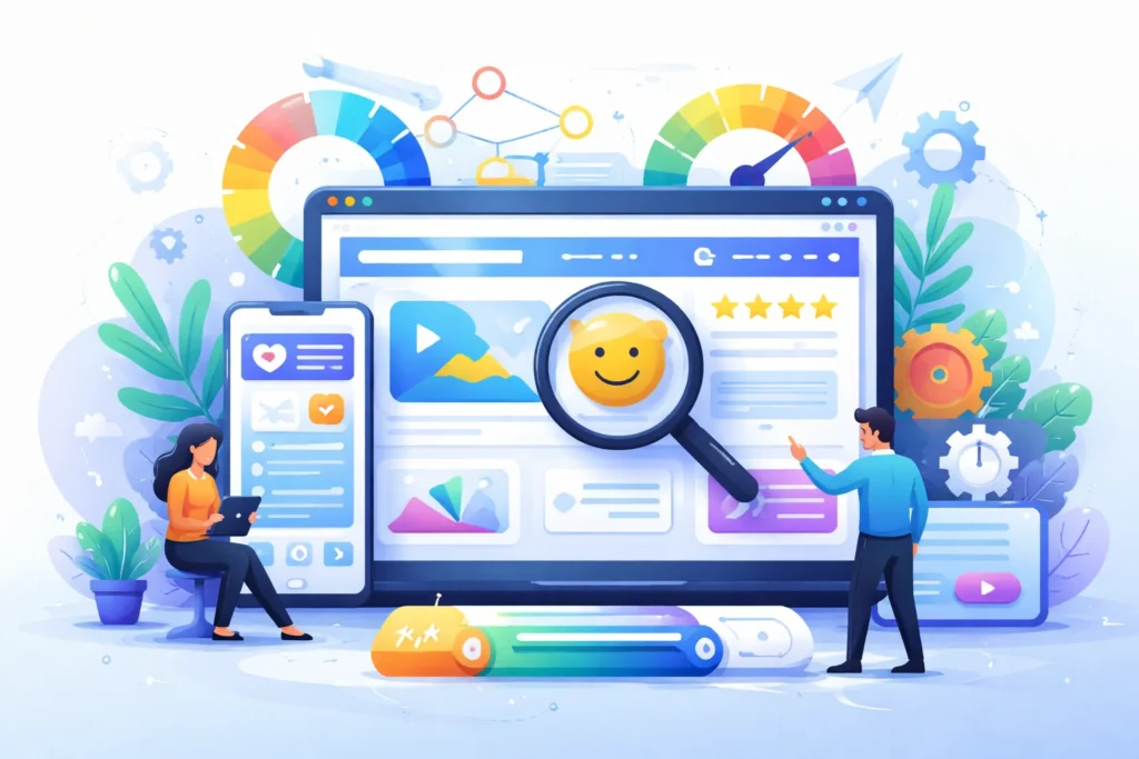 Diseño visual abstracto con formas y colores que representan UX conversion WordPress